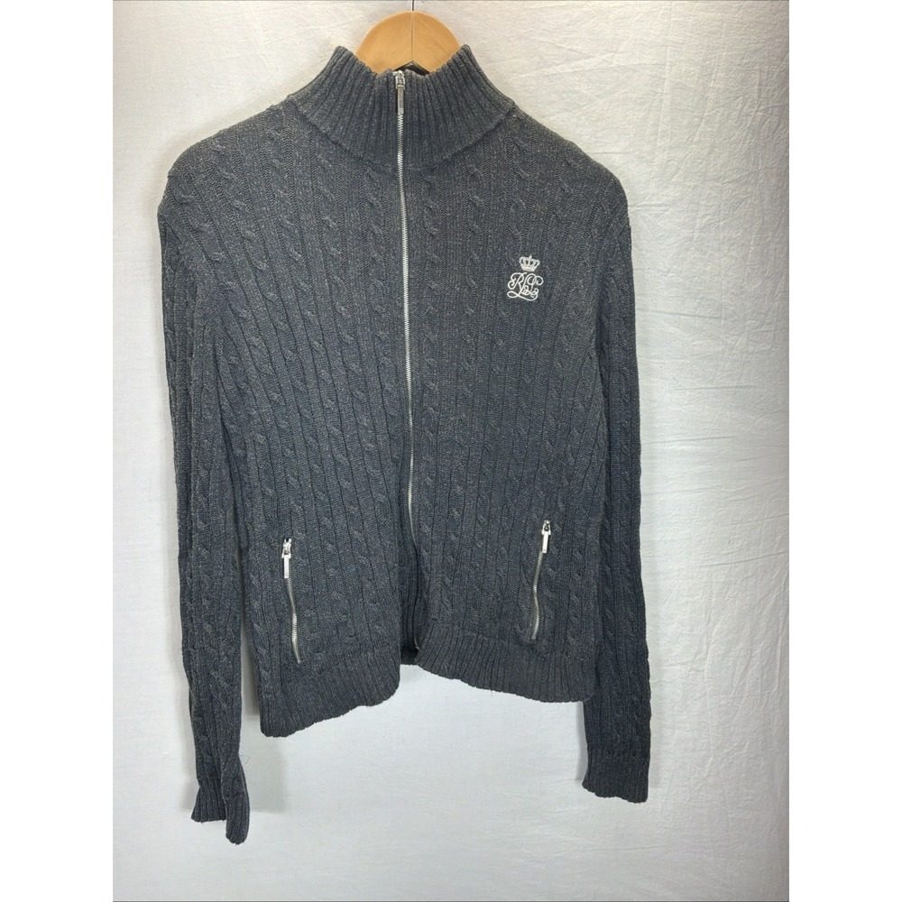 Lauren Ralph Lauren Gray Full Zip Rib-Knit Cotton Sweater M Sparkle Logo Crown